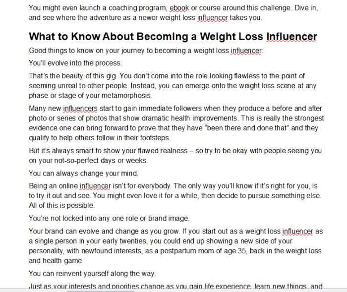 Weight Loss Influencer PLR: Writing Sample Screen Shot
